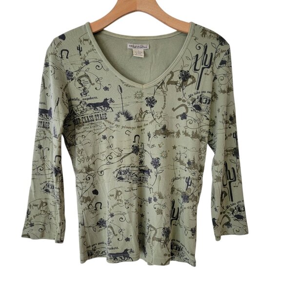 Mod-o-Doc Western Theme Top 3/4 Sleeve Green Sz 1 (S) Horseshoe Cactus Cowboy - Picture 1 of 8